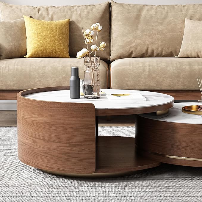 Lartis Nesting Coffee Table with Drawer Round Coffee Table Sintered Stone Coffee Table