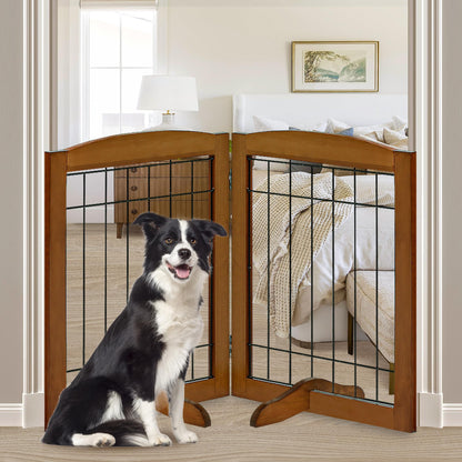 LZRS 2-Panel Freestanding Adjustable Wooden Dog Gate—30” Tall Foldable Pet Barrier with Support Feet, Solid Hardwood & Chew-Resistant Steel Wire for Doorways, Hallways, and Stairs, Oak Cherry