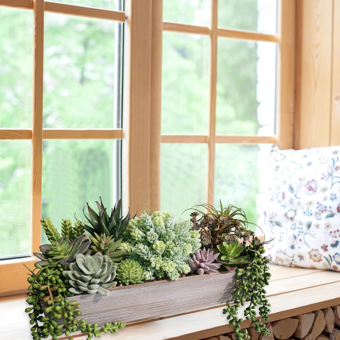 Winlyn 15" Artificial Succulents Plants Arrangement Fake Succulent Plants in Whitewashed Rectangular Wooden Planter Box Faux Potted Plant Decor for Home Windowsill Shelf Farmhouse Table Centerpiece