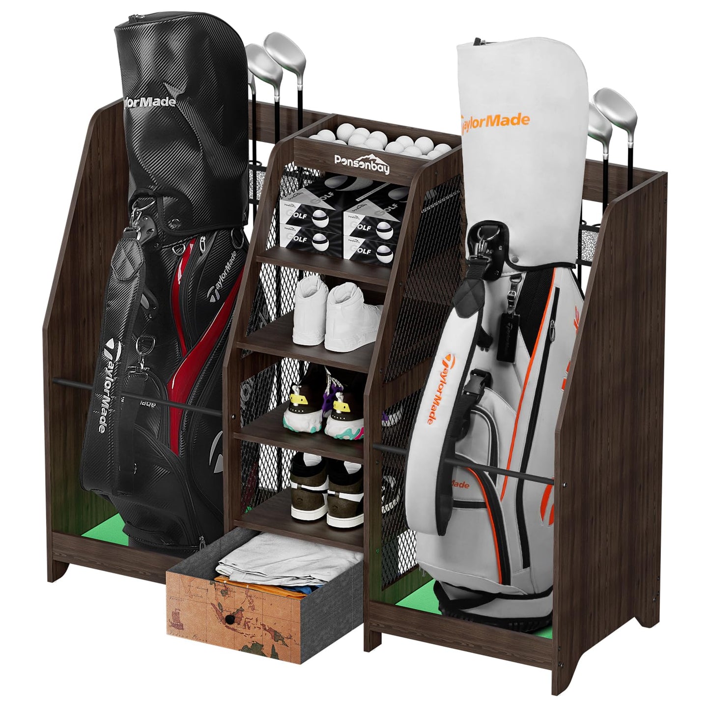 Ponsonbay Golf Bag Storage Organizer for Garage, Premium Wooden 2 Golf Bags Rack with Drawer, Easy Assemble Golf Club Stand/Holder Suitable for Garage Home Simulator and Office