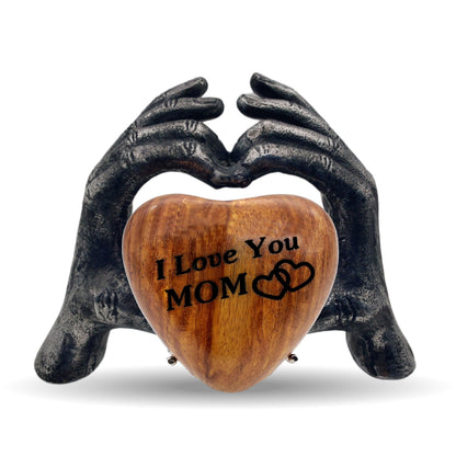 Wooden Heart Keepsake MOM Urn with Premium Display Hand Stand Engraved with I Love You MOM
