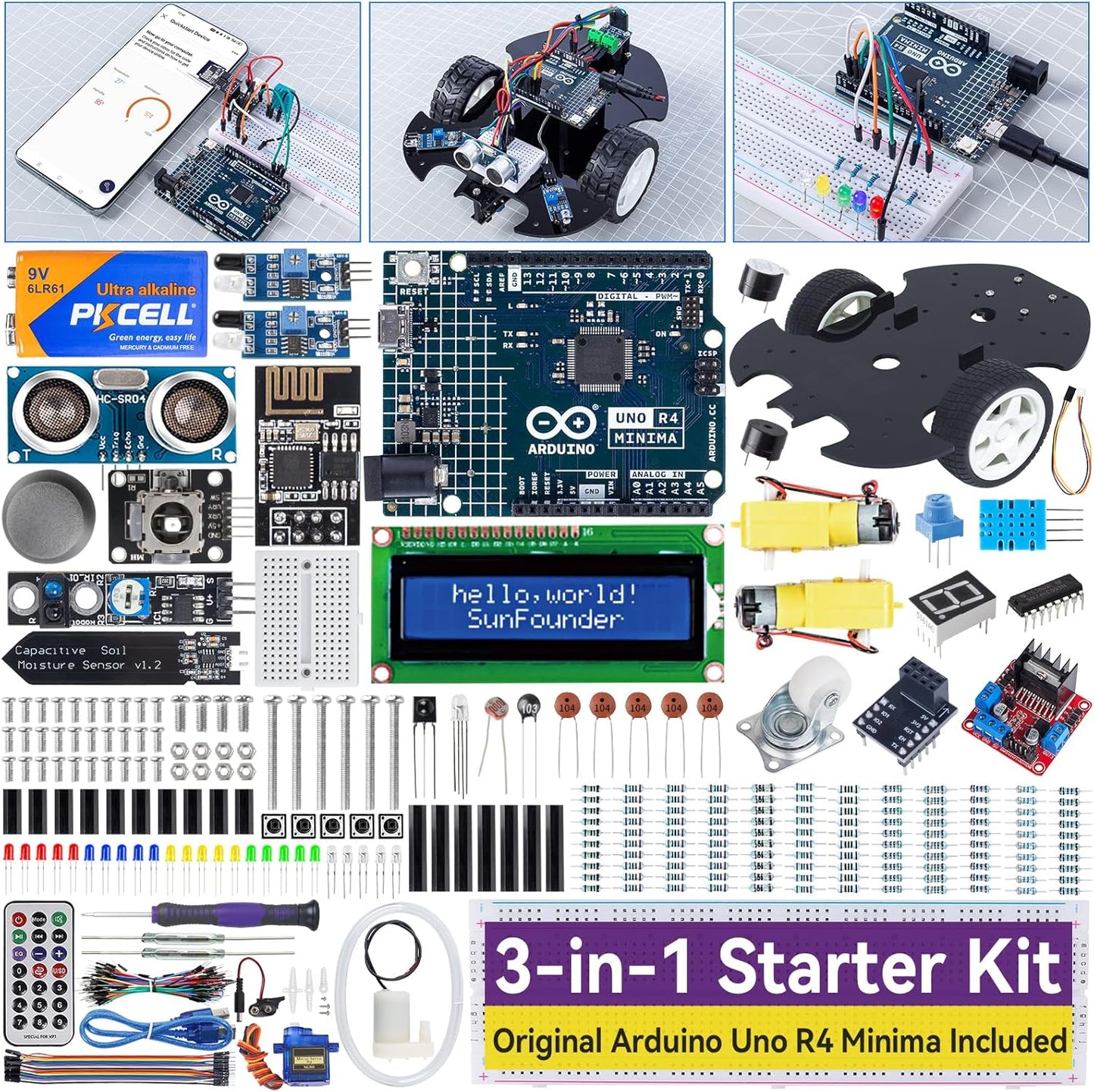 SunFounder Ultimate Starter Kit with Original Arduino Uno R4 Minima, 3 in 1 IoT/Smart Car/Basic Kit with Online Tutorials, for Beginners to Enthusiasts (Original Arduino Uno R4 Minima Included)