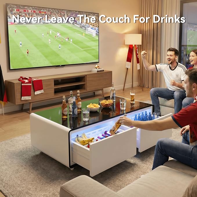 LIVTAB Smart Coffee Table, 27.8" D x 51" W x 18.1" H, Living Room Table with Built in Fridge and Speakers, Smart Table with 15W Wireless Charging, USB Chargers and 110V Outlets (White)
