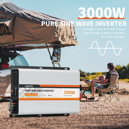 OUBOTEK 3000 Watt Pure Sine Wave Inverter, DC 12V to AC 120V with LCD Display, Remote Control, USB Port, 4 AC Outlets, and Terminal Block for RV Boat Camping Solar System and Home Use