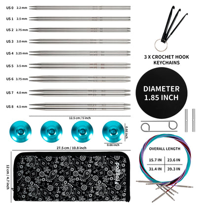 Froggod 5-Inch Aluminum Lace Interchangeable Circular Knitting Needle Set, Sizes US 0, 1, 2, 3, 4, 5, 6, 7, 8 Interchangeable Knitting Needles Lace-Tip with 4 Assorted Cables with Project Bag