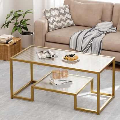 Wolawu Coffee Table Gold Glass Coffee Table for Living Room,2 Tiers Rectangle Center Table with Ribbed Glass Top and Sturdy Metal Frame,Modern Glass Accent Table for Bedroom Home Office