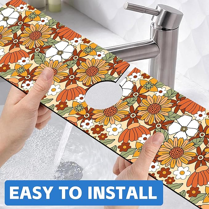 70s Retro Orange Floral Kitchen Sink Splash Guard Mat Absorbent Fast Drying Mat