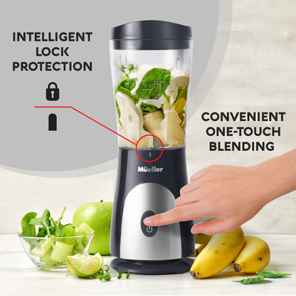 Mueller Smoothie Blender for Smoothies - Personal Blender for Shakes, Frozen Drinks, Baby Food & More, 15oz Travel Cup and Lid, Durable Stainless Steel Blades for Powerful Blending Performance, Black