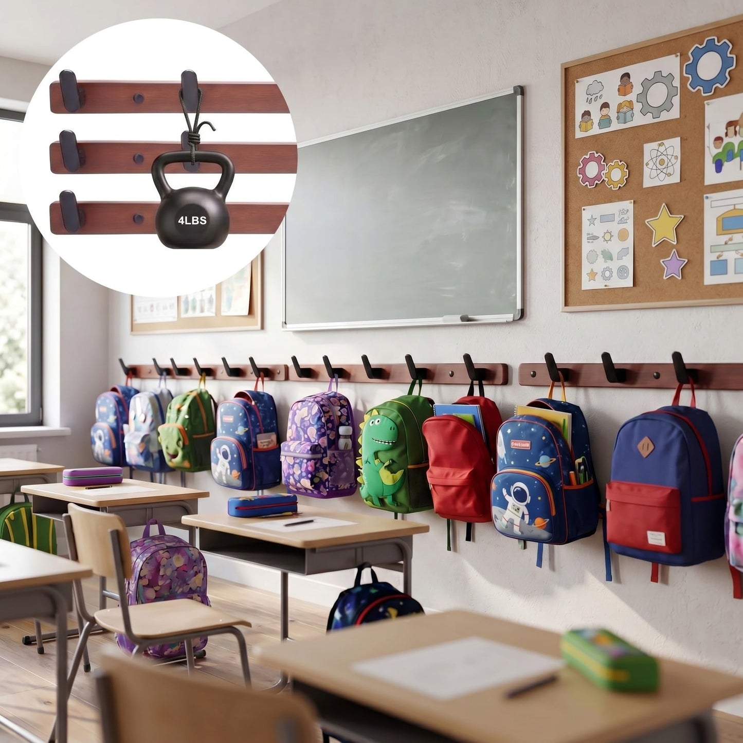 Chumia 4 Pcs Classroom Wall Backpack Hooks 17.7 Inch Wooden Heavy Duty Coat Hanger with 20 Hooks Deal Large Coat Rack Wall Mount Hanger for Back to School Organizer Hanging Backpack Hats Clothes