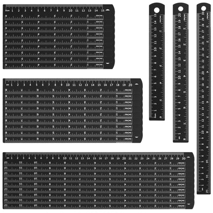 HAKZEON 30 Pack Metal Ruler Set 6/8/12 Inch with Conversion Table, Black Aluminum Alloy Rulers, Straight Edge Ruler Set for Office Engineering, Measuring and Drafting