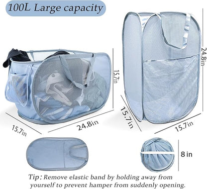 Extra Large Mesh Pop Up Laundry Hamper 2 Pack, 100L Foldable Laundry Baskets