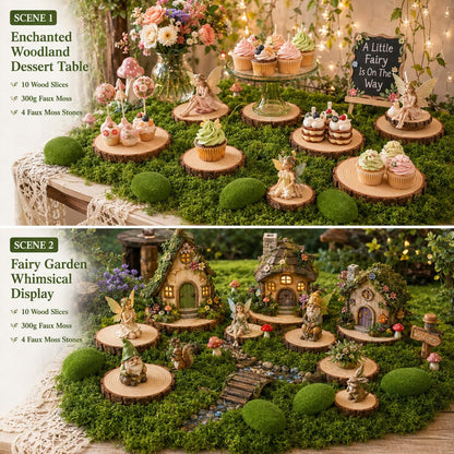 Fbidfoll 10 Wood Slices with Faux Moss, Moss Table Decor Centerpiece Kit