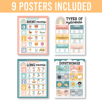 Hadley Designs Phonics Posters for Classroom Must Haves - 9 Sound Wall for Kindergarten & Elementary Teacher Supplies, Syllable, Vowels, Digraphs & Blends Bulletin Board Set, Boho Classrom Decor