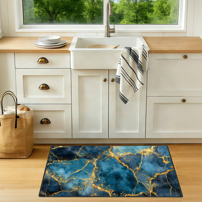 ANNA QUEEN 2x3FT Blue Gold Marble Area Rug, Indoor Door Mat Entry Rug, Luxury Abstract Washable Non Slip Rug for Front Door Foyer Hallway Kitchen Apartment