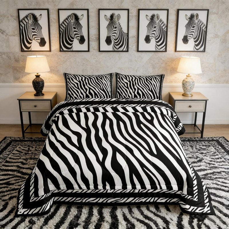 Manfei Zebra Print Comforter Set King Size, Wild Animal Skin Print Bedding Set 3pcs for Kids Boys Girls Bedroom Decor, Black and White Quilt Set Soft Polyester Duvet Set with 2 Pillowcases