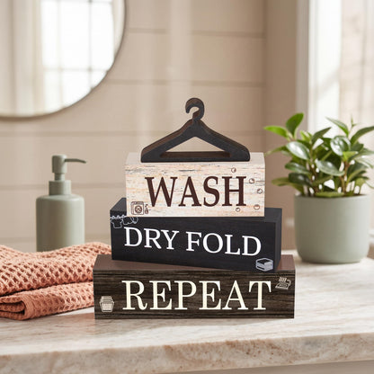 4 Pcs Laundry Wooden Table Decor, Laundry Farmhouse Table Decorations for Home Office