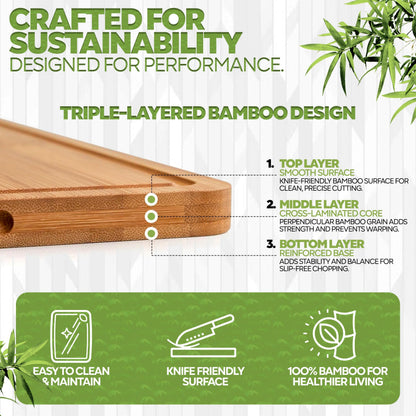 Wood Cutting Boards Set of 3 – Non-Toxic Bamboo Chopping Boards for Kitchen with Deep Juice Grooves – Durable, Eco-Friendly Wooden Serving Boards for Meat, Vegetables & Fruit