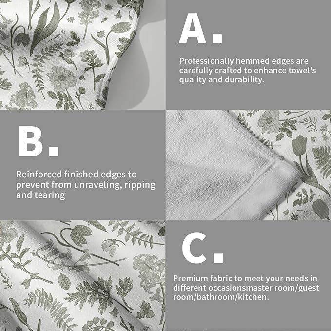Spring Floral Hand Towels for Bathroom Set of 2 Sage Green White Flower Leaves