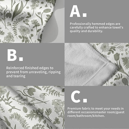 Spring Floral Hand Towels for Bathroom Set of 2 Sage Green White Flower Leaves