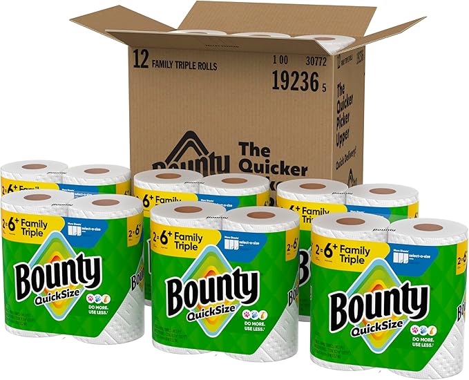 Bounty Quick-Size Paper Towels, 12 Family Triple = 40 Regular Rolls