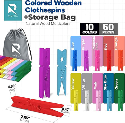 RIVEDA 50pcs Colored Wooden Clothes Pins, 2.9inch 10 Colors, Clothespins