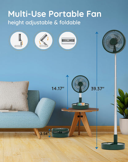 Primevolve Battery Operated Fan,Portable Rechargeable USB Floor Table Desk Fan with Adjustable Height, 4 Speed Settings Pedestal Fan for Bedroom Camping Travel,Green 7.7"