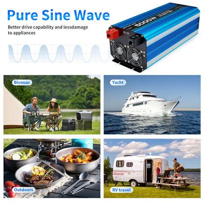 5000W Pure sine Wave Inverter DC 12V to AC 110V/120V Converter 10000w (Peak) with LCD Display Wireless/Wired Remote Control 4AC outlets 4USB and Hardwired AC.Ideal for RV Travel Off-Grid Solar Systems