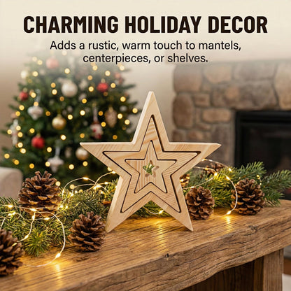 9.7 Inch Wooden Star Decor – Rustic Farmhouse Table Centerpiece, Natural Wood Nested Sign for Mantel, Shelf, Office, Kitchen, Holiday Decorations