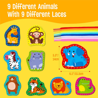 SpriteGru 9 Pieces Kids Lacing Cards, Double Sided Sewing Cards in 9 Wild Animals with 9 Colorful Laces, Imagination Development Lacing Toys Games for Children Educational and Learning Activity