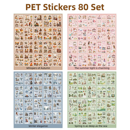 Uideyvi Four Seasons Style Stickers Scrapbooking Supplies for Junk Journal, Four Sticker Books, 80 Sheets PET Stickers