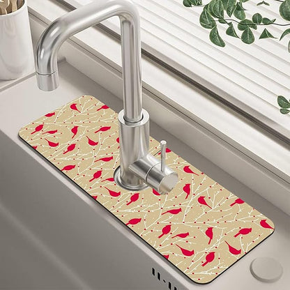 Christmas Cardinal Birds Kitchen Sink Splash Guard Mat Absorbent Fast Drying
