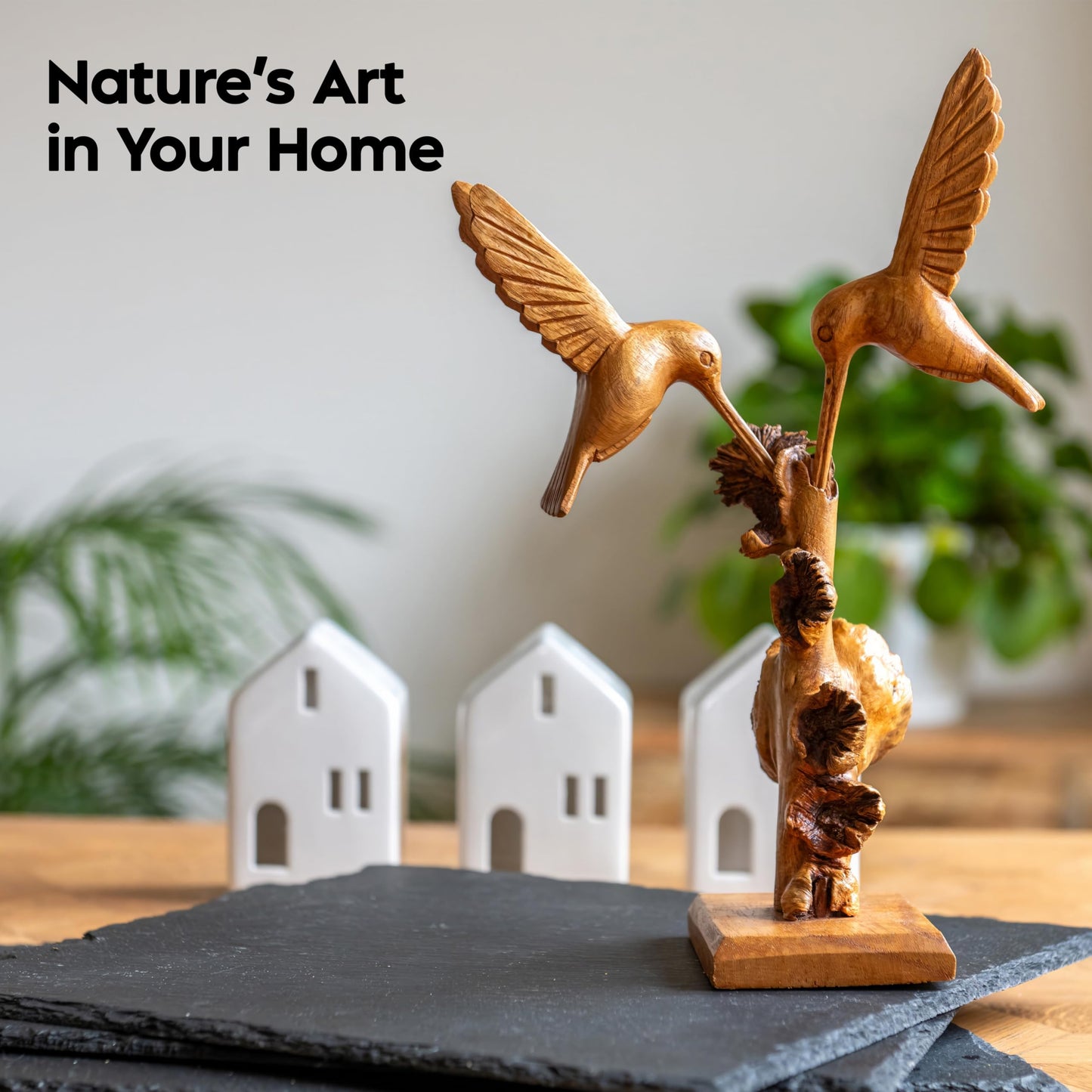 Curawood Hummingbird Statue - Artisan-Crafted Bird Statues Home Decor - Hummingbird Figurines, Lifelike Humming Bird Decor - Handcrafted in Indonesia