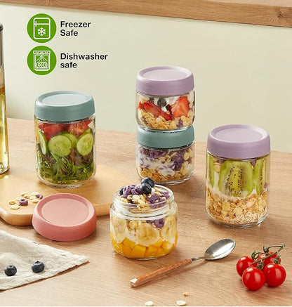 6 Pack Overnight Oats Containers with Lids, Wide Mouth Mason Salad jars 16oz, Glass Jar with Airtight Lids, Salad Meal Prep Jars for Food Storage, Overnight Oats Jars for Milk, Fruit
