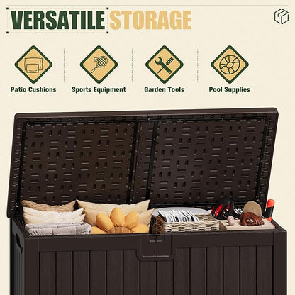 JUMMICO 250 Gallon Outdoor Resin Deck Box with Divider, Waterproof Storage Box with Lockable Lid&Side Handles for Garden Tools, Pools Supplies (Brown)