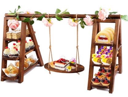 3 Tier Wooden Cupcake Stand with Swing and Flower Decoration, Large Dessert Stands with Serving Tray, Removable Trays, Foldable Ladder Food Display Set for Cake Snack Fruit Chips Bread Centerpieces (Dark Brown)