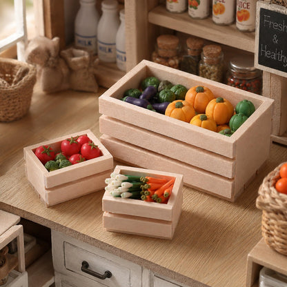 LOGOFUN 3pcs Dollhouse Mini Storage Basket Miniature Wooden Milk Crate 1/12 Tiny Fruit Baskets Model for Dollhouse Accessory - 1.2 * 0.9 & 1.9 * 1.6inch