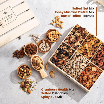 Nut Gift Basket, in Reusable Wooden Crate, Healthy Fathers Day Gift Option, Gourmet Snack Food Box, with Unique Flavors, Great for Feel Better, Sympathy & Birthday- Bonnie & Pop