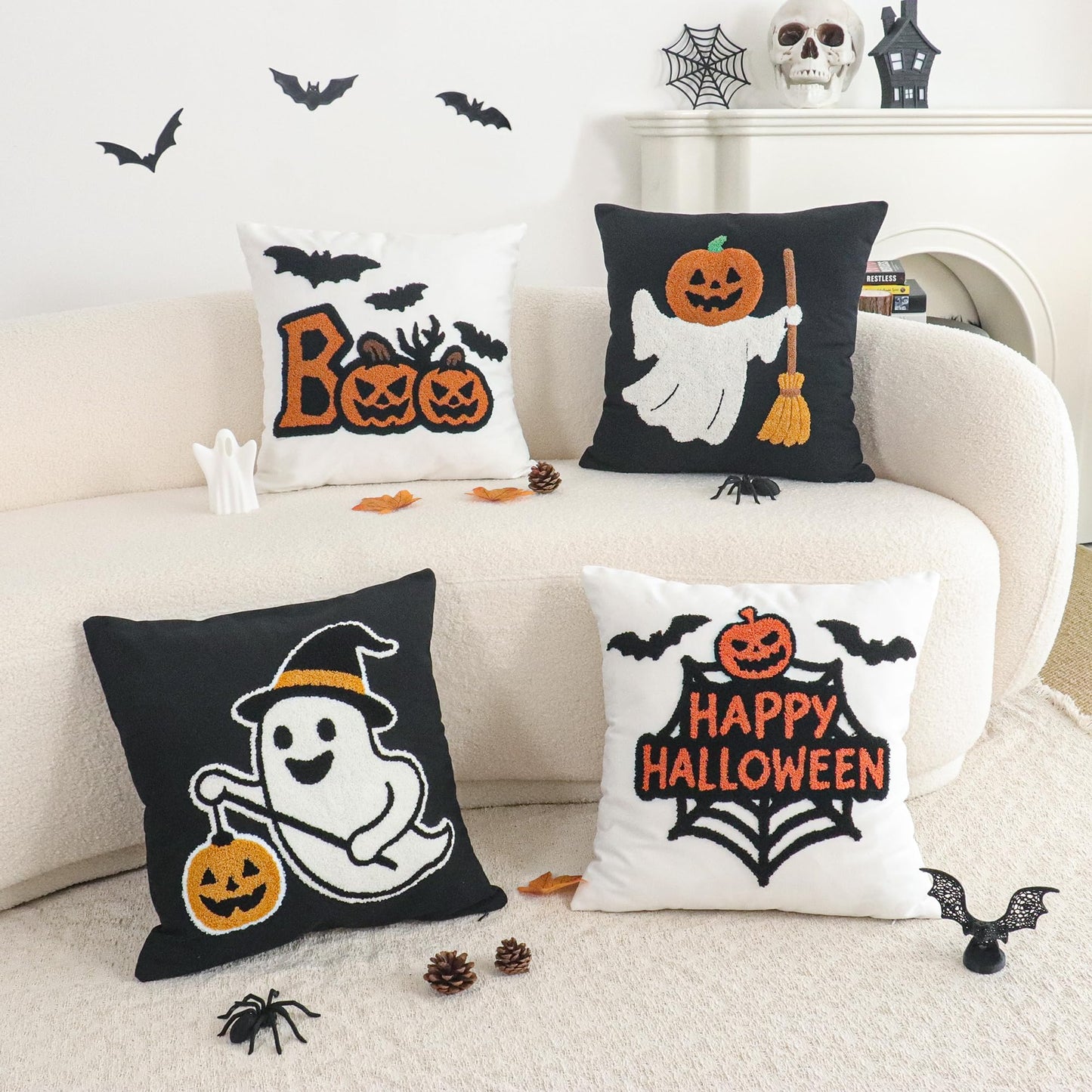 Jonhier Halloween Black Throw Pillow Cover, Embroidered Pumpkin Ghost Decorative Cushion Case for Sofa Bed Patio, Textured Pillowcase Thanksgiving Fall Decor Indoor Outdoor (Pumpkin Man, 18” x 18”)