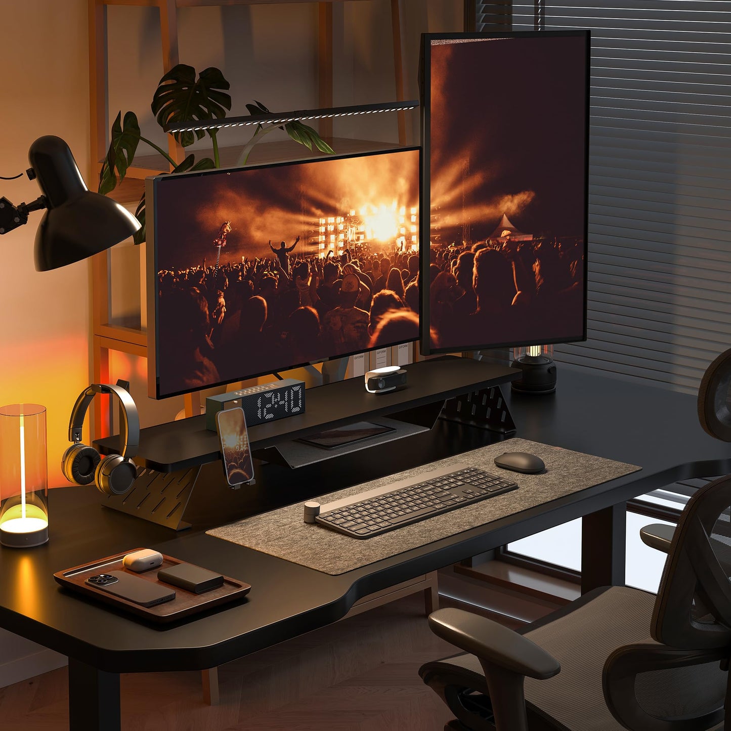 Fenge Dual Monitor Stand, 42.5 Inch Monitor Riser for Desk, Wood Desk Shelf for 2 Monitors, 2 Tier Monitor Shelf with Headphone Stand & Phone Holder