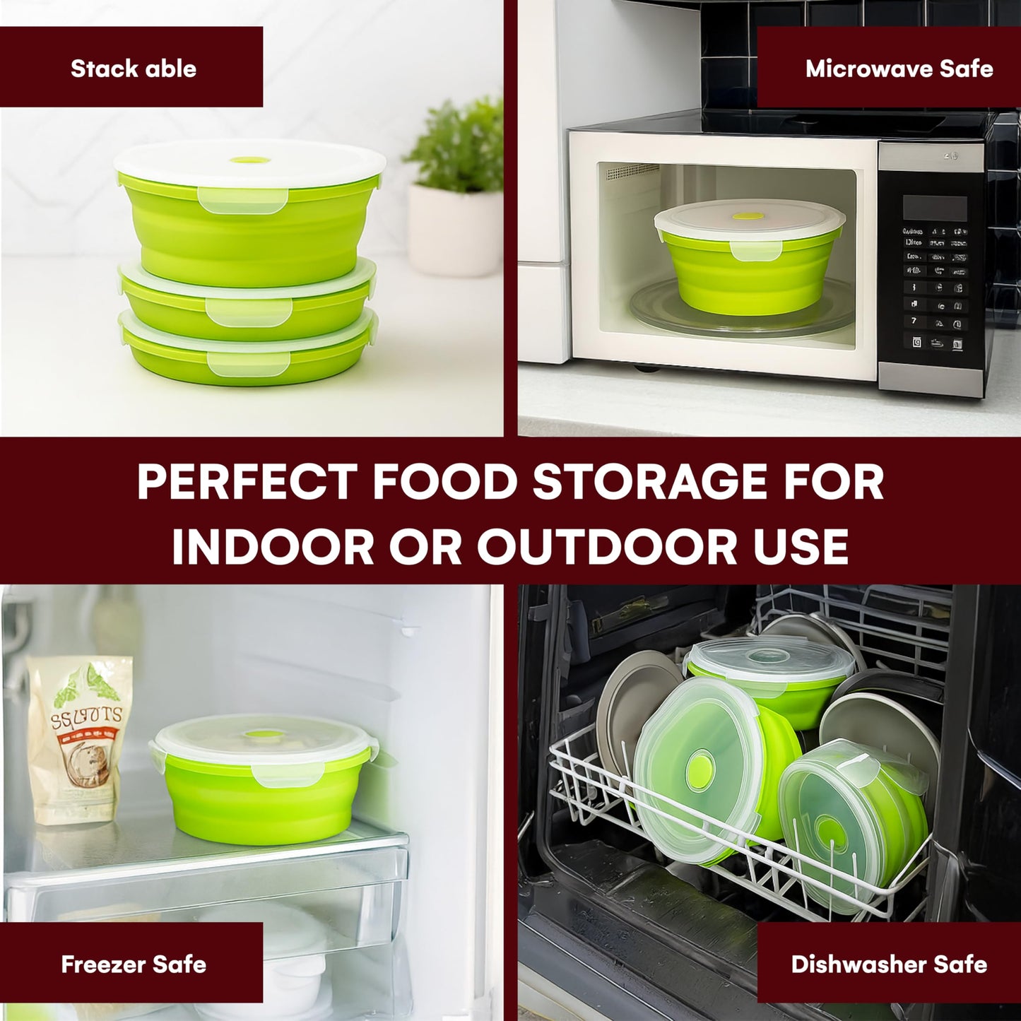 Vdomus Collapsible Food Storage Containers - Leak Proof, Microwave Safe - 40.5oz/1.2L Airtight Silicone Food Containers - Meal Prep Collapsible Bowls with Lids - Set of 3 - Green