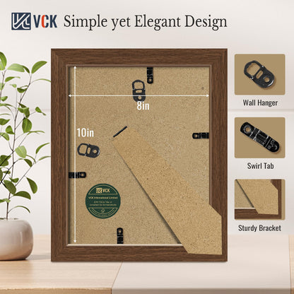 VCK 8x10 Picture Frame with Glass - 4 Pack, Display Pictures 5x7 with Mat or 8 x 10 without Mat - Wall and Tabletop, 8 by 10 Photo Brown Wooden Frames