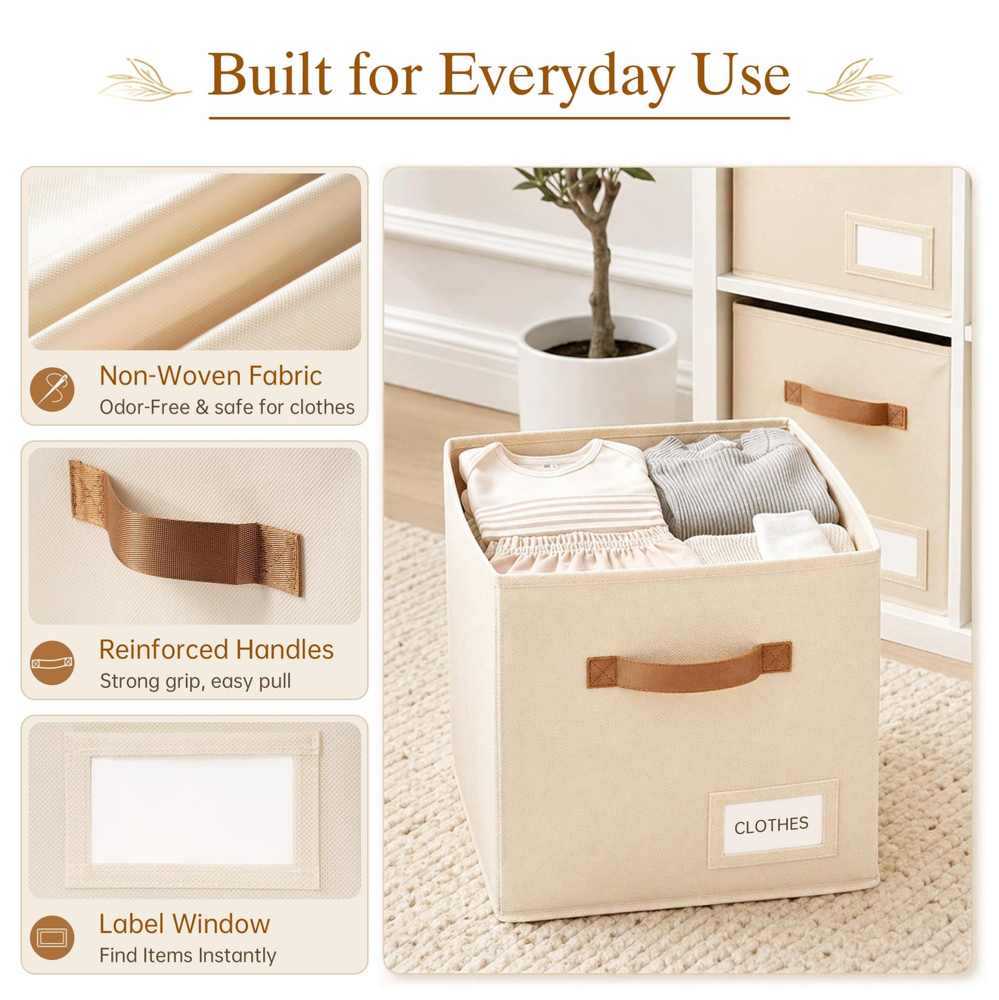 Stowsia Storage Cubes 8 Pack, 11 Inch Fabric Storage Cubes Organizer Bins with Labels, Odor-Free & Sturdy PP Structure, Cubby Baskets for Closet, Shelves, Toys & Nursery (Beige)