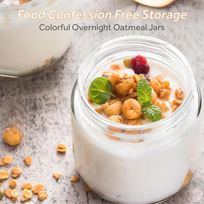 4 Pack Glass Clear Storage Canister with Airtight Lid, 12oz Overnight Oats Containers, Small Cute Decorative Pantry Jar for Snacks, Yogurt, Cereal, Fruit, Salad, Spice, Sugar, Coffee, Tea