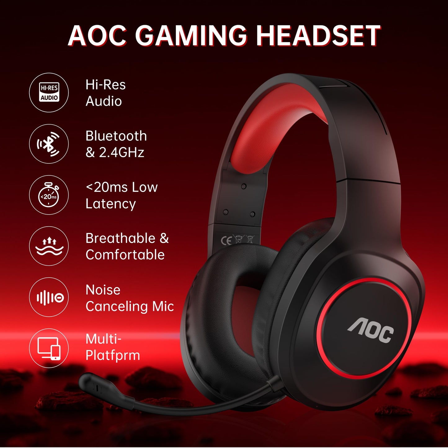 AOC Bluetooth Gaming Headset with Mic for PC, PS5/4, Nintendo Switch, 2.4GHz Wireless Gaming Headphones with RGB, USB-C, 7.1 Virtual Surround 20ms, Latency, 45H Playtime- Red