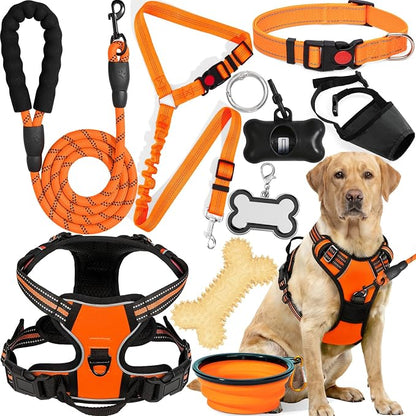 No Pull Dog Harness Adjustable Collar & Leash Set - Dog Halter Harnesses Collapsible Bowls & Poop Bag Dispenser Muzzle ID Tags Toys Fits Small Medium Large Dogs (Orange-XL)