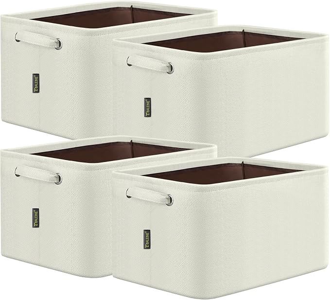 BALEINE 4 Pack Fabric Closet Storage Bins for Shelves, Linen Closet Organizers and Storage, Decorative Baskets for Organizing, Shelf, Clothes, Home, Office (White, 12"x8"x8")