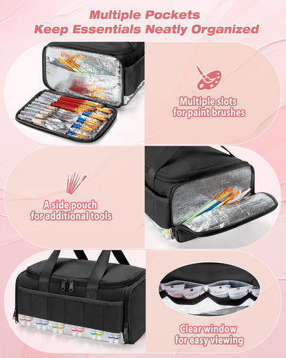 Marscamd Acrylic Paint Organizer Holds 60 Bottles (2 oz), Acrylic Paint Storage Bag with Tools Storage Sections and Crossbody Strap, Black