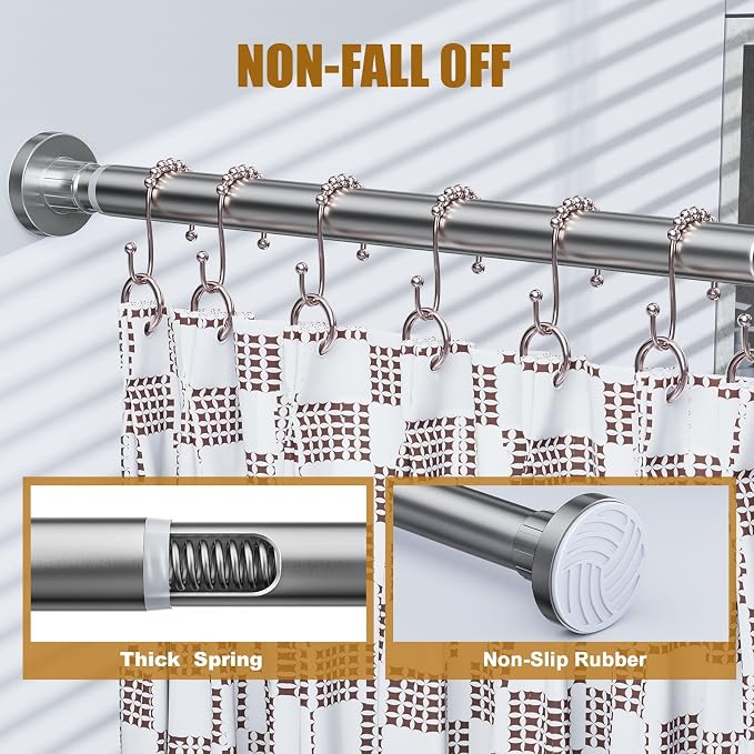 Ausemku Shower Curtain Rod 32-65 Inch Adjustable - 1 Inch Diameter Heavy Duty No drill Spring Tension Shower Rod, Non-Slip Rustproof Telescopic Rod for Bathroom, Nickel