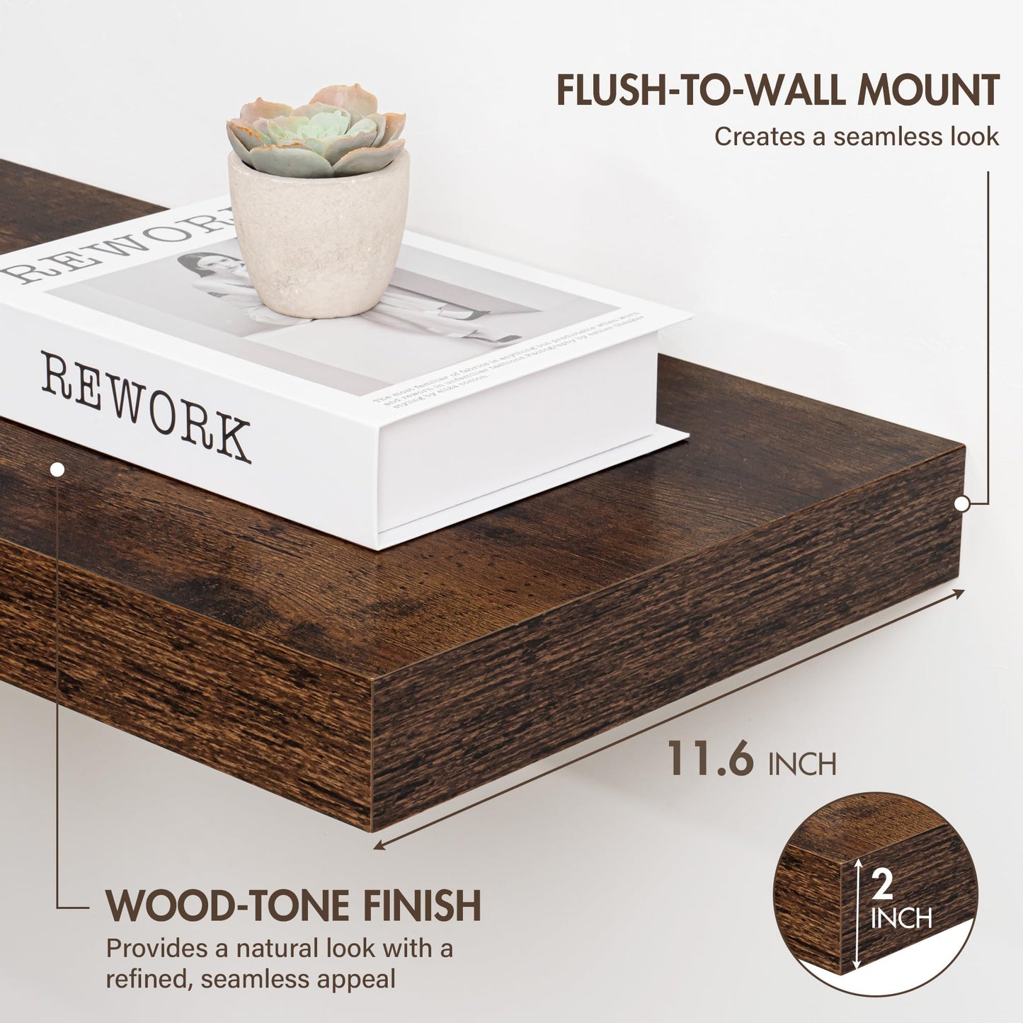 Acovy 30 Inch Floating Shelves, 12" Deep Floating Shelf Wall Mounted, 30" Wall Shelves, Rustic Deep Bookshelf, Extra Deeper & Thicker Display Shelves for Bedroom, Living Room, Brown, Set of 2