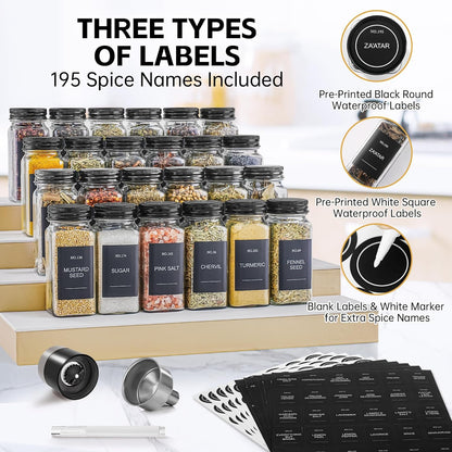 Spice Jars, 24 Pcs 4oz Seasoning Jars with Label, Glass Jars with Shaker Lids, Spice Containers Bottles with Pepper Grinder & Stainless Steel Funnel for Seasoning Organizer, Cabinet, Drawer